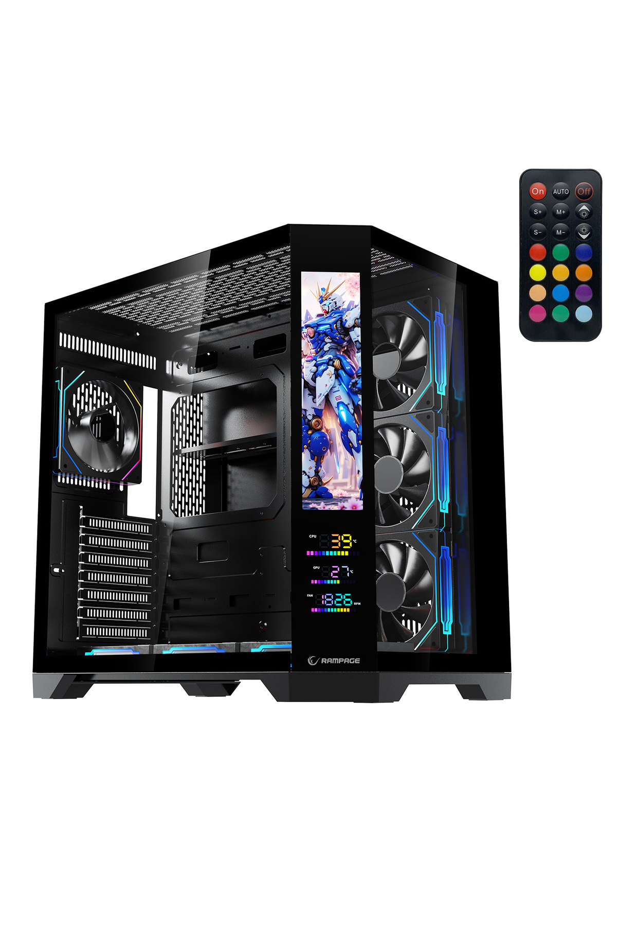 NOVA V2 9.16'' ve 5.5'' iki Lcd Ekranlı Hub+Kumanda Siyah 7x12cm ARGB Pwm Fan Gaming Oyuncu Kasası