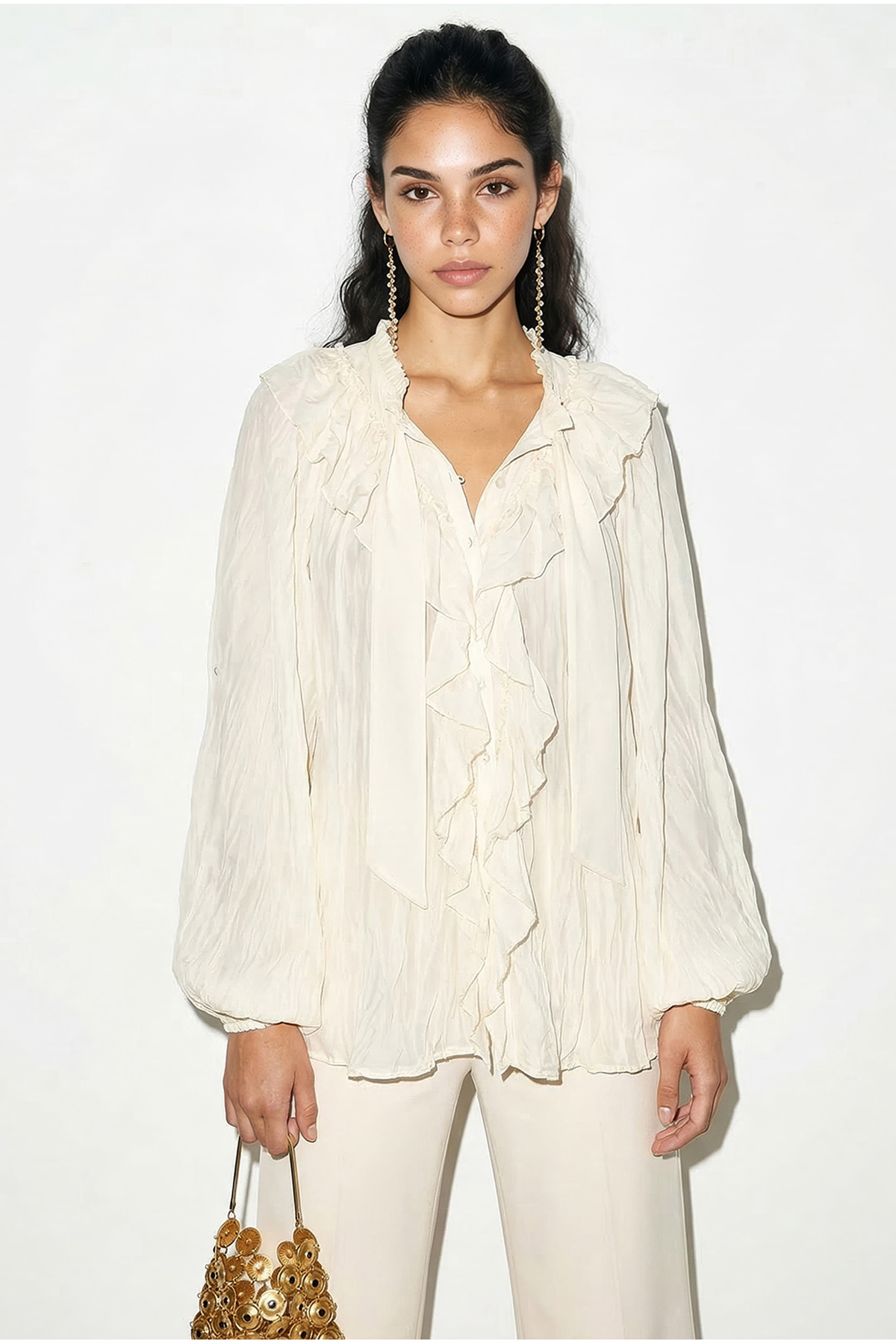 Bianco Lucci  Kadın Yaka Bağlamalı Volan Detaylı Kırışık Efektli Gömlek 0943 60286055 - Görsel 3