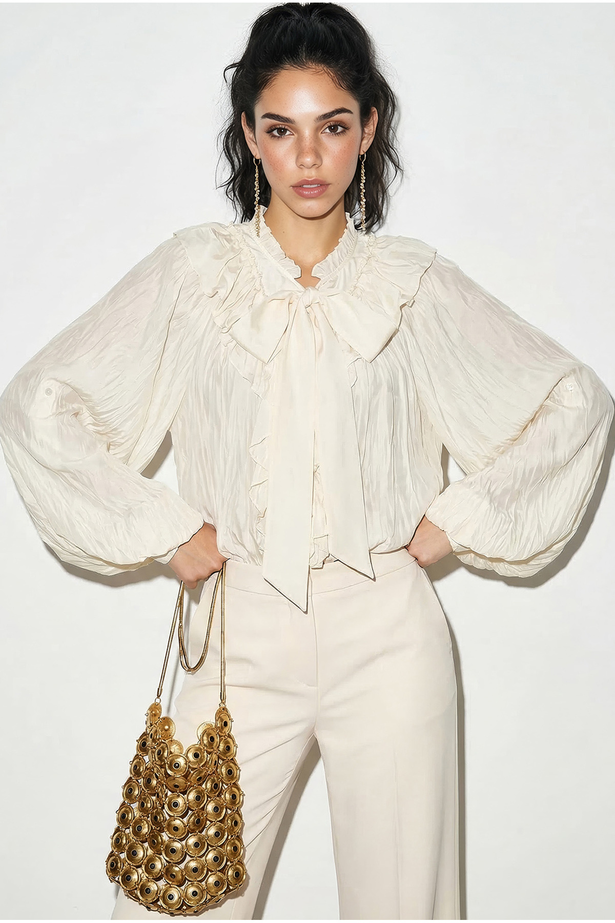 Bianco Lucci  Kadın Yaka Bağlamalı Volan Detaylı Kırışık Efektli Gömlek 0943 60286055 - Görsel 2