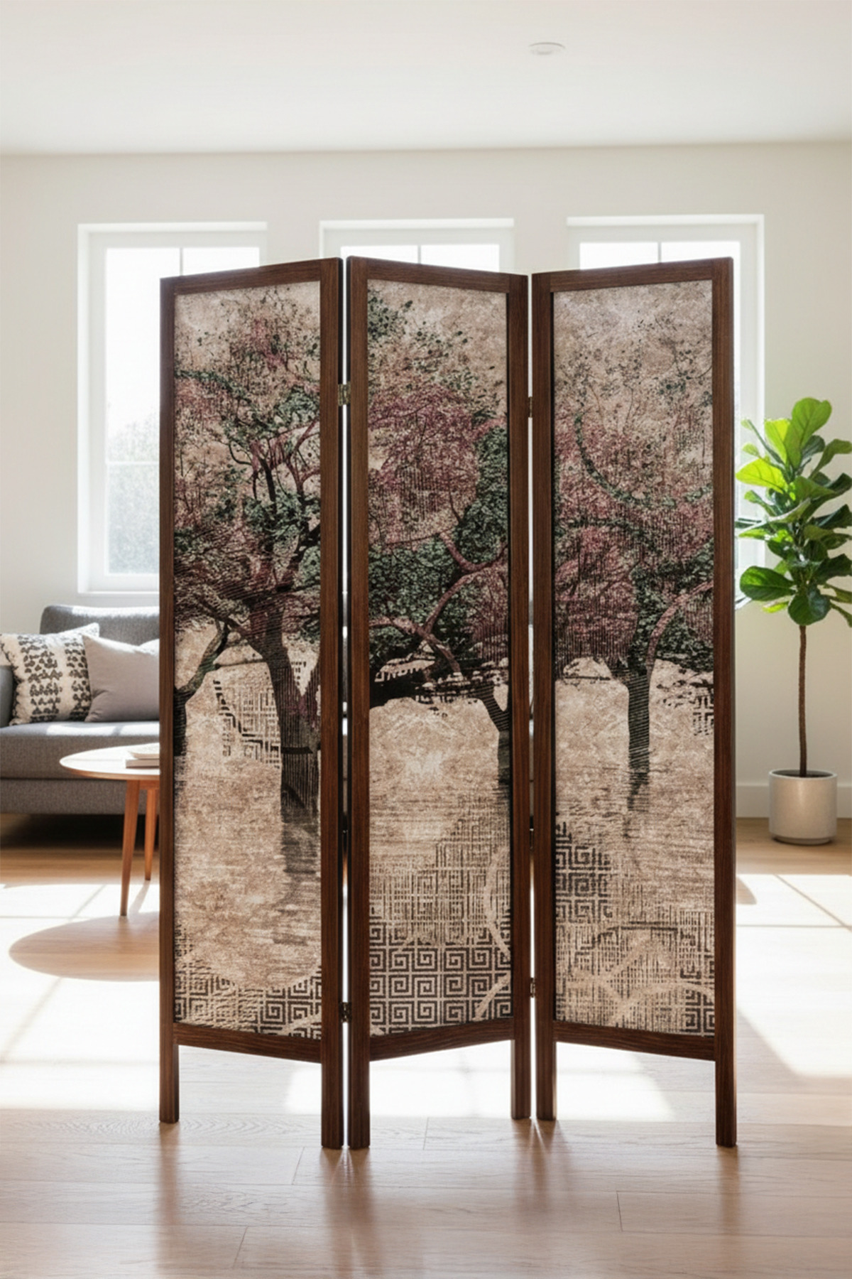 3-Wing Canvas Screen with Premium Wooden Frame - Modern Pattern Separator - 138x170 cm