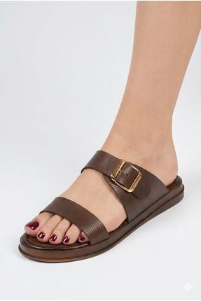 Biocomfort Kadın Hakiki Deri Lazer Desenli Kahverengi Tokalı Anatomik Taban T...