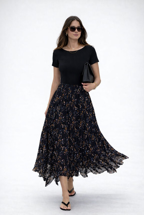 PINTORE Kadın Siyah Çiçek Desenli Şifon Etek