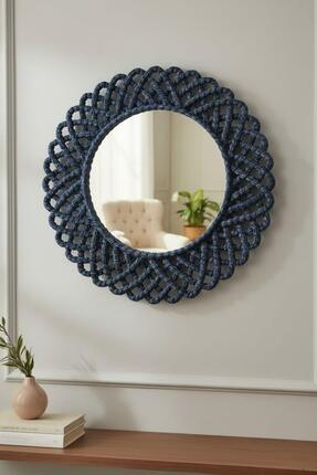 home inn Hasır Görünümlü Dekoratif Duvar Aynası 33 cm – Mavi Renk Rustik & Bo...