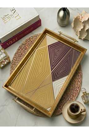 Öykü Modern Geometrik Desenli Gold Çerceveli Dekoratif Sunum Tepsisi