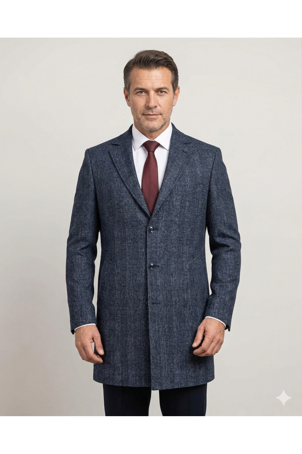 FABIO CASSEL  Lacivert Ekose Uzun Ceket – 3 Düğmeli, Yan Cep Detaylı, Klasik Kesim Erkek Ceket