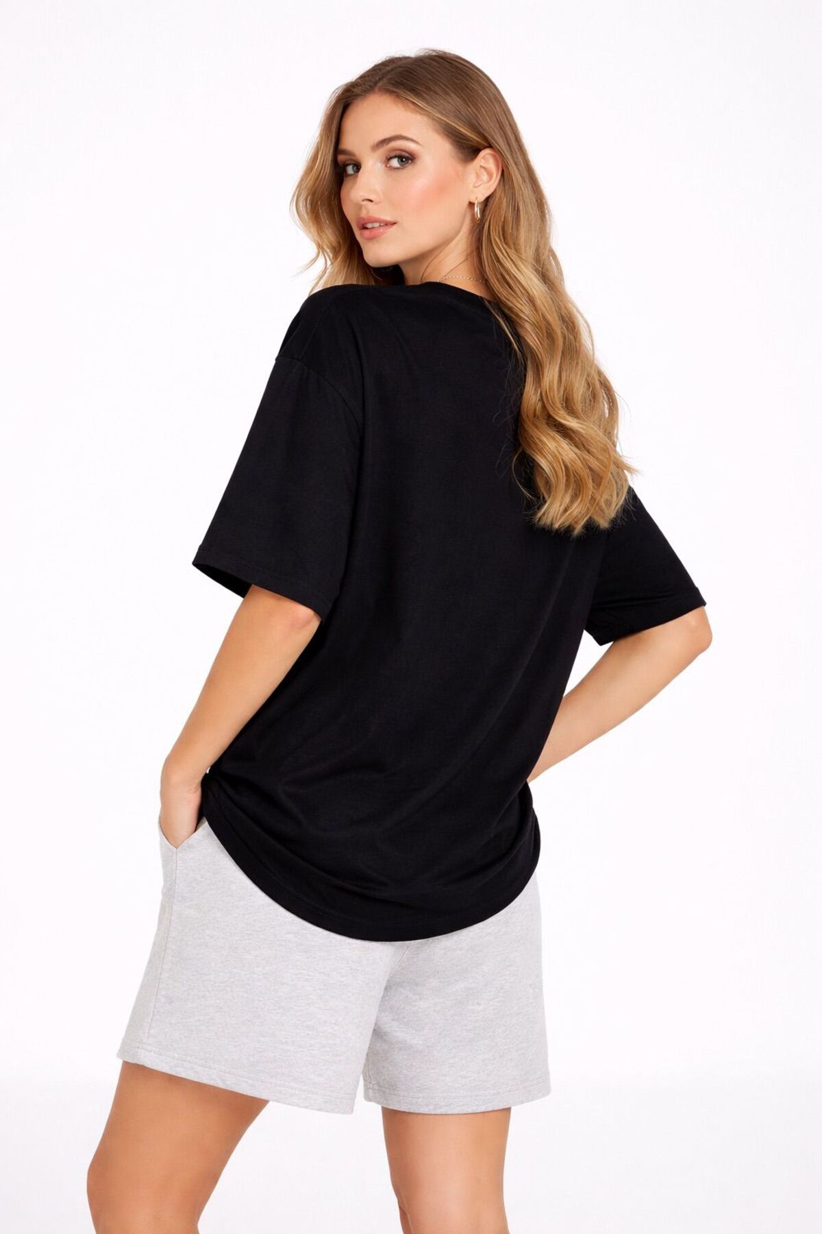 Lizbon Style  Kadın Oversize %100 Pamuk Basic Rahat Kalıp Siyah T-Shirt - Görsel 2