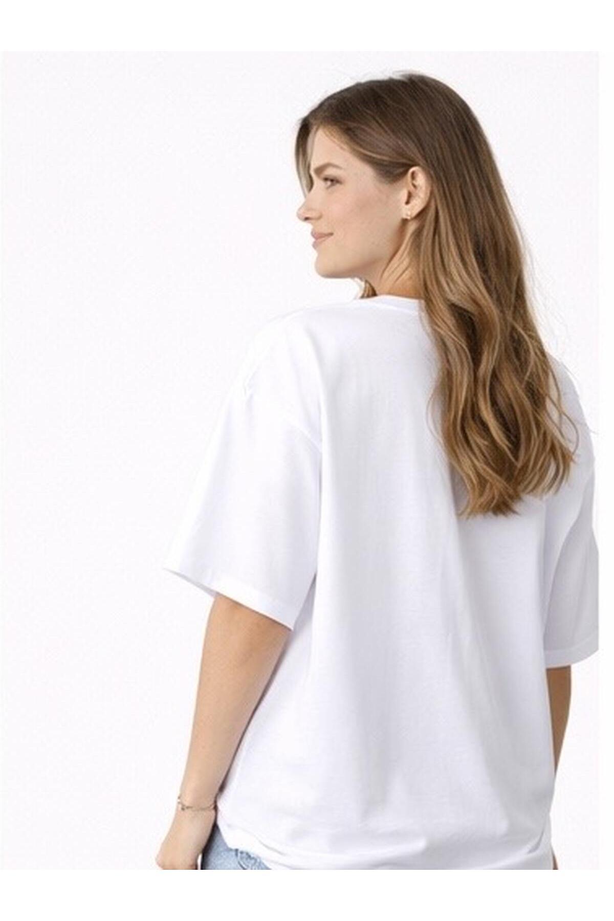 Lizbon Style  Kadın Oversize %100 Pamuk Basic Rahat Kalıp Beyaz T-Shirt - Görsel 2