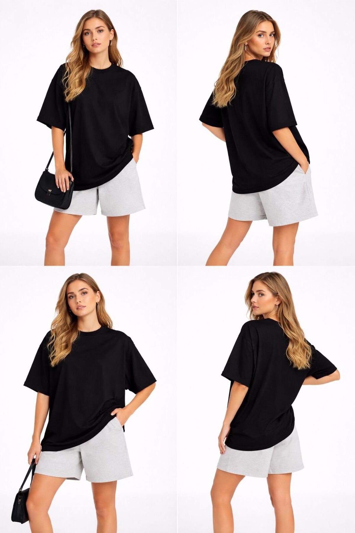 Lizbon Style  Kadın Oversize %100 Pamuk Basic Rahat Kalıp Siyah T-Shirt - Görsel 3