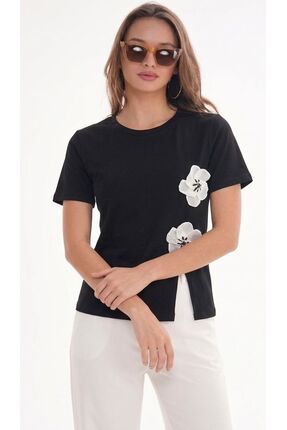 MYZ LİFE Siyah Gül Detaylı T-Shirt Full Likralı Süprem