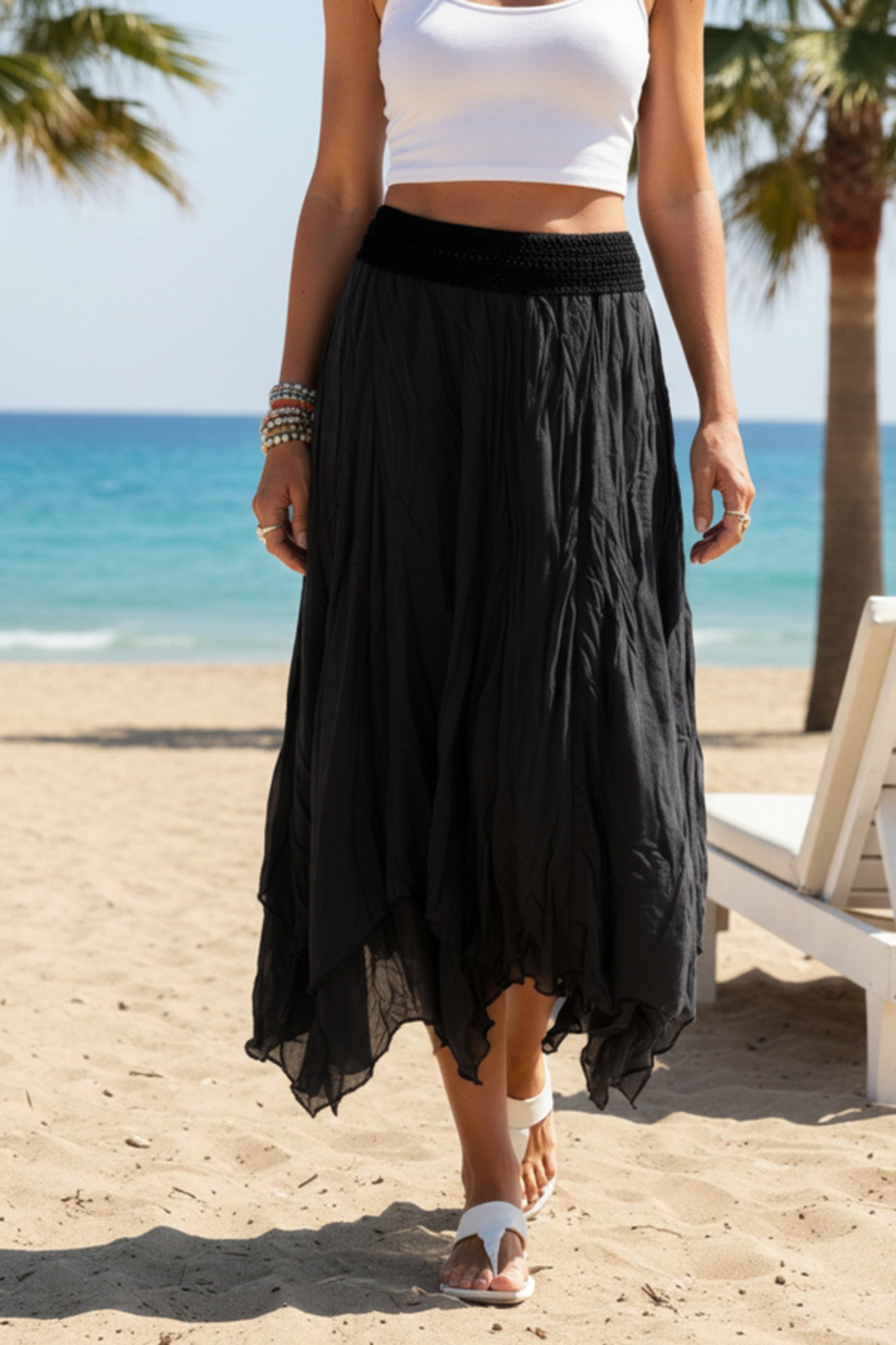 Chiccy  Siyah Astarlı Yıkamalı Saçaklı Kesim Lastikli Bel Casual Pamuklu Dokuma Etek 84 60