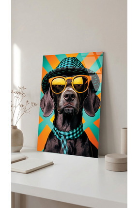 Vitraum Retro Stil Gözlüklü ve Şapkalı Köpek Cam Tablo, Ev ve Ofis UV Baskılı...