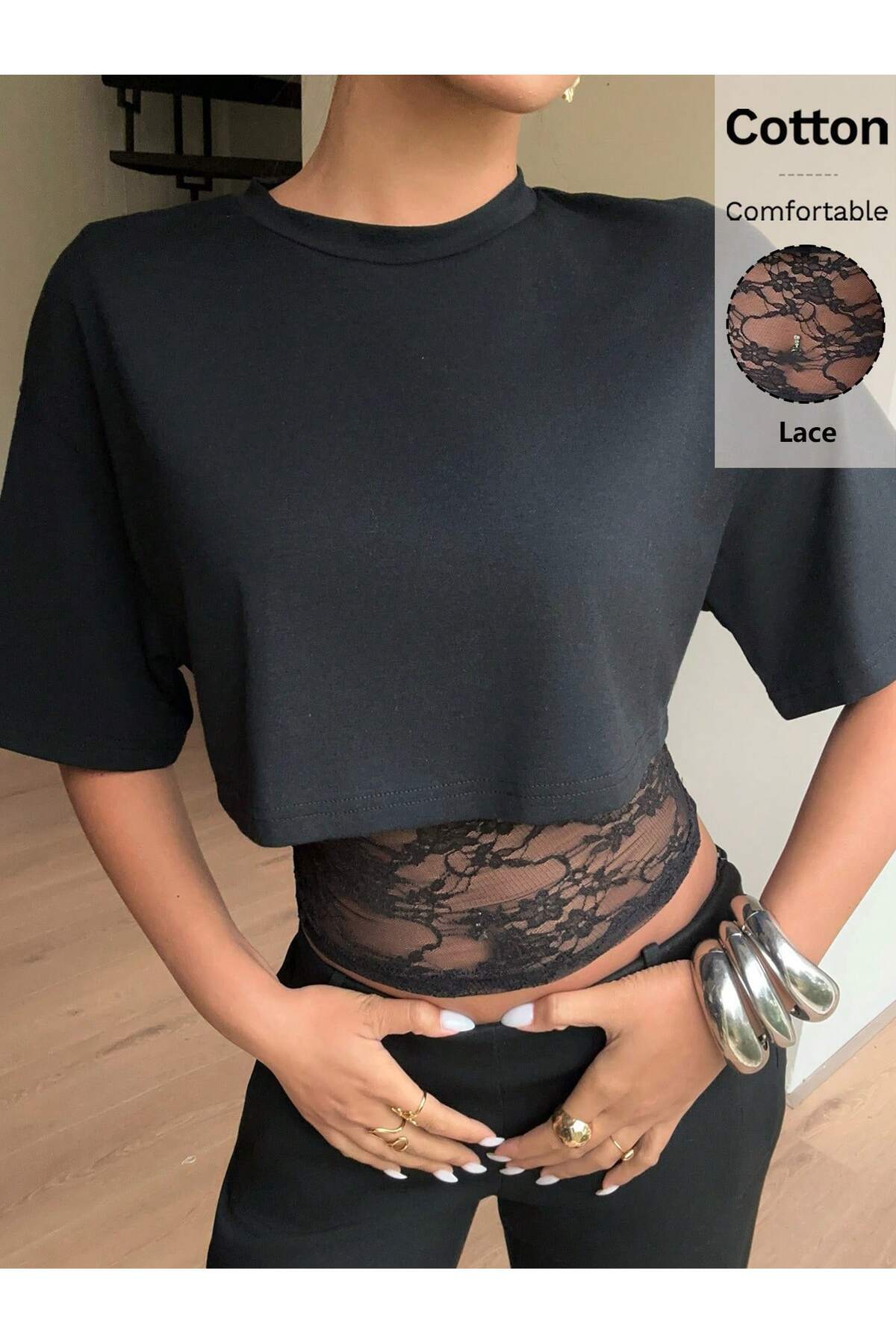Wild Flower  Siyah Crop Tişört Kadın Dantel Detaylı Yuvarlak Yaka Şık Üst Bluz - Görsel 7