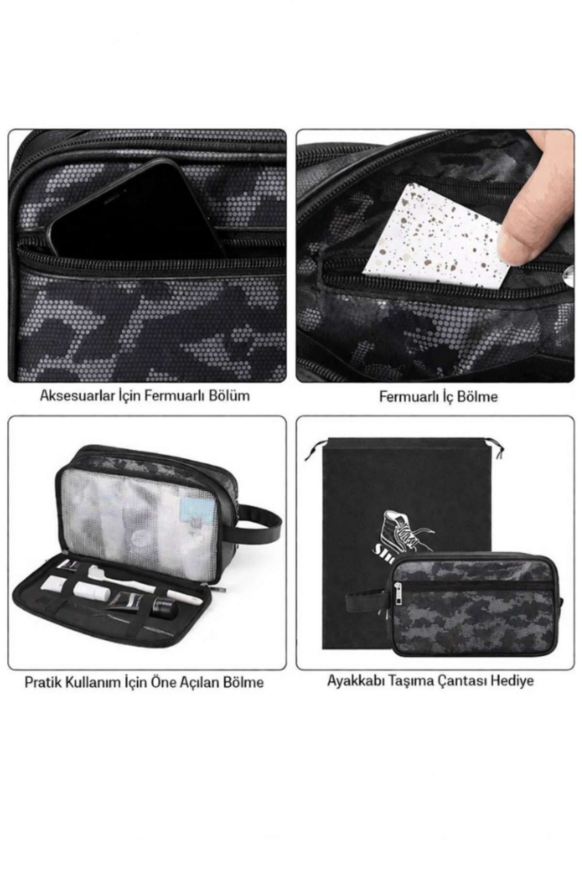 Woys Bags Kamuflaj Desen Erkek Tıraş Takımı Çantası-Premium Erkek Kozmetik El Çantası görsel 5
