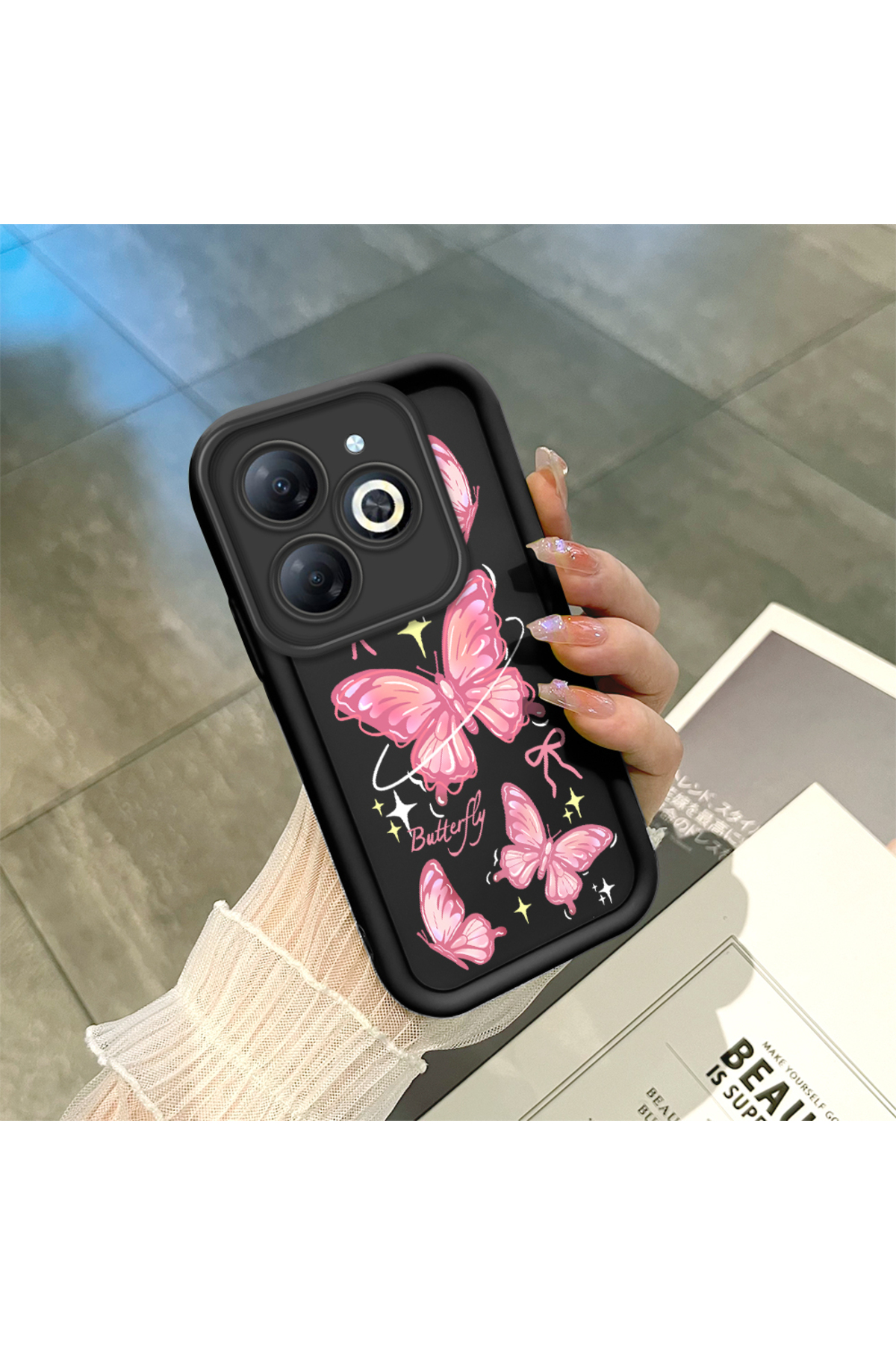 Infinix Hot 40i Uyumlu Pembe Kelebek Desen Kamera Korumalı İnce Yumuşak Silikon Telefon Kılıfı