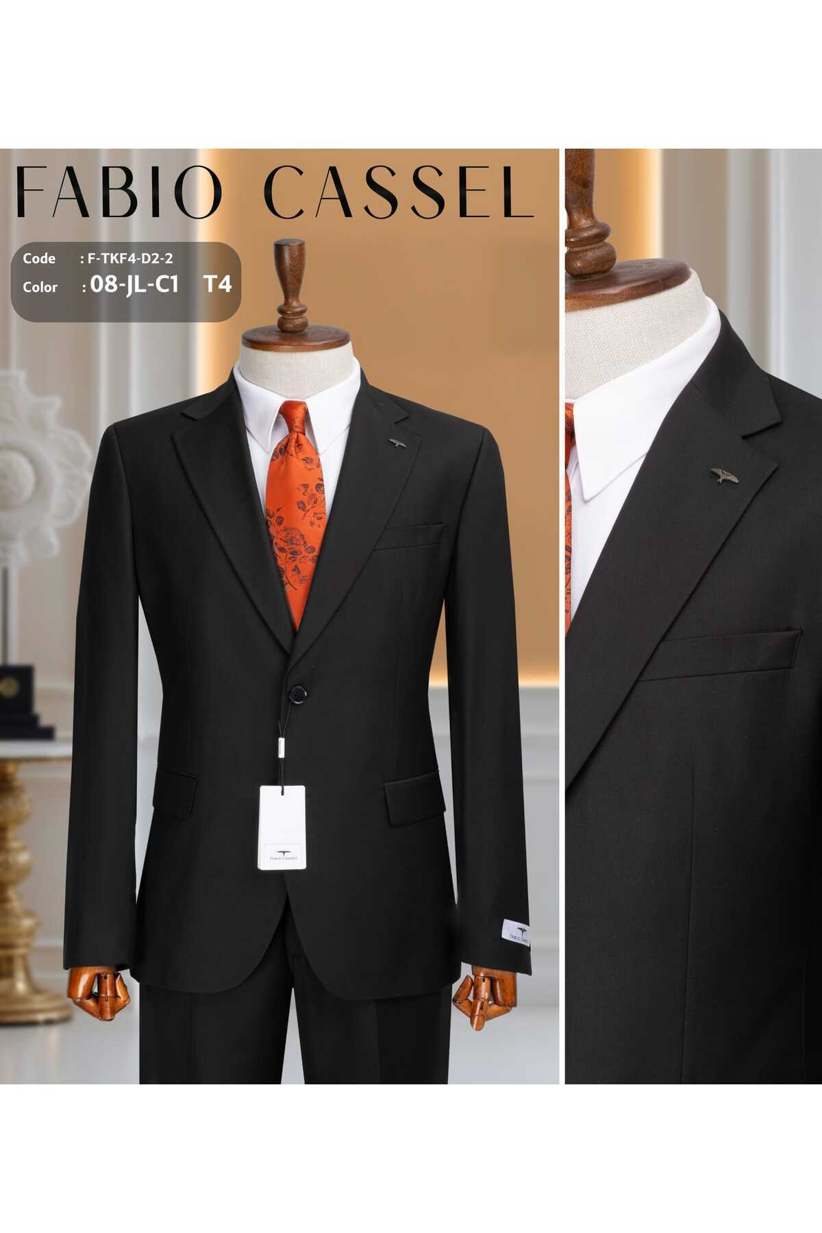 FABIO CASSEL  Erkek Klasik Takım Elbise Siyah – Rahat Kalıp, Premium Kumaş - Görsel 4