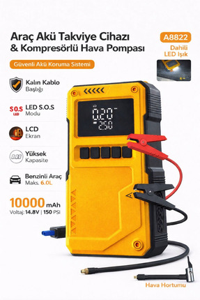 MO DOU Taşınabilir Araç Akü Takviye ve Hava Kompresörü 10000mAh 150 PSI Jump ...