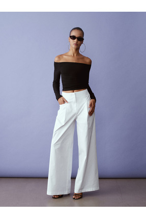 Dilvin 72666 Geniş Paça Pilili Pantolon-Beyaz