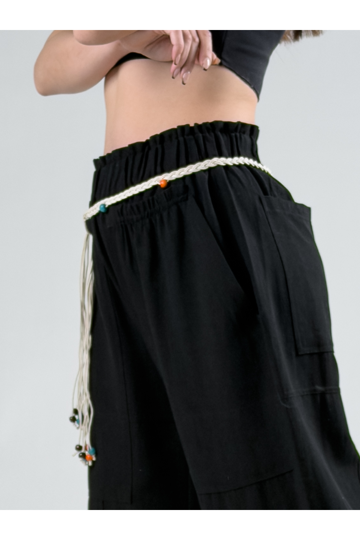 COCOPELLI  Tasarım Keten Siyah Baggy Pantolon COC2964 - Görsel 4