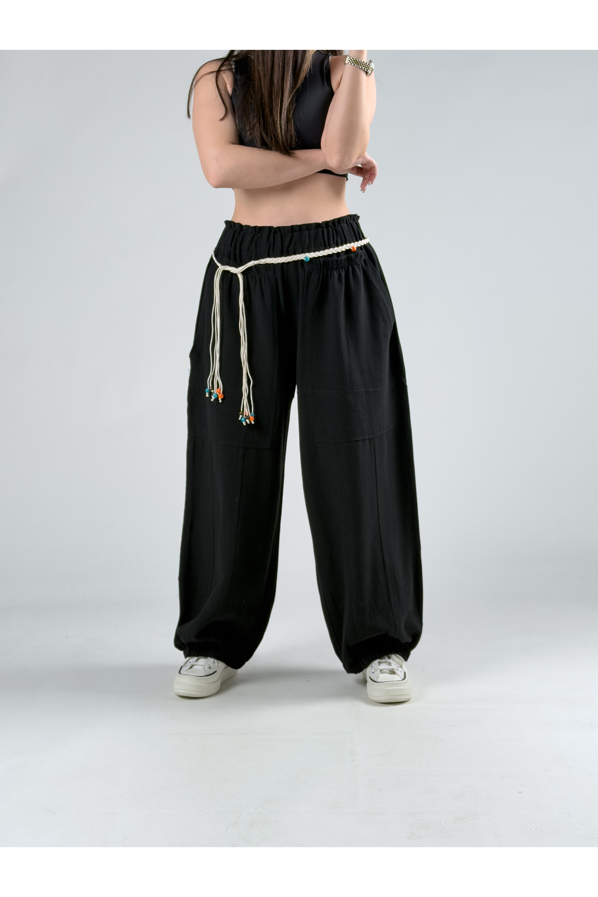 COCOPELLI  Tasarım Keten Siyah Baggy Pantolon COC2964