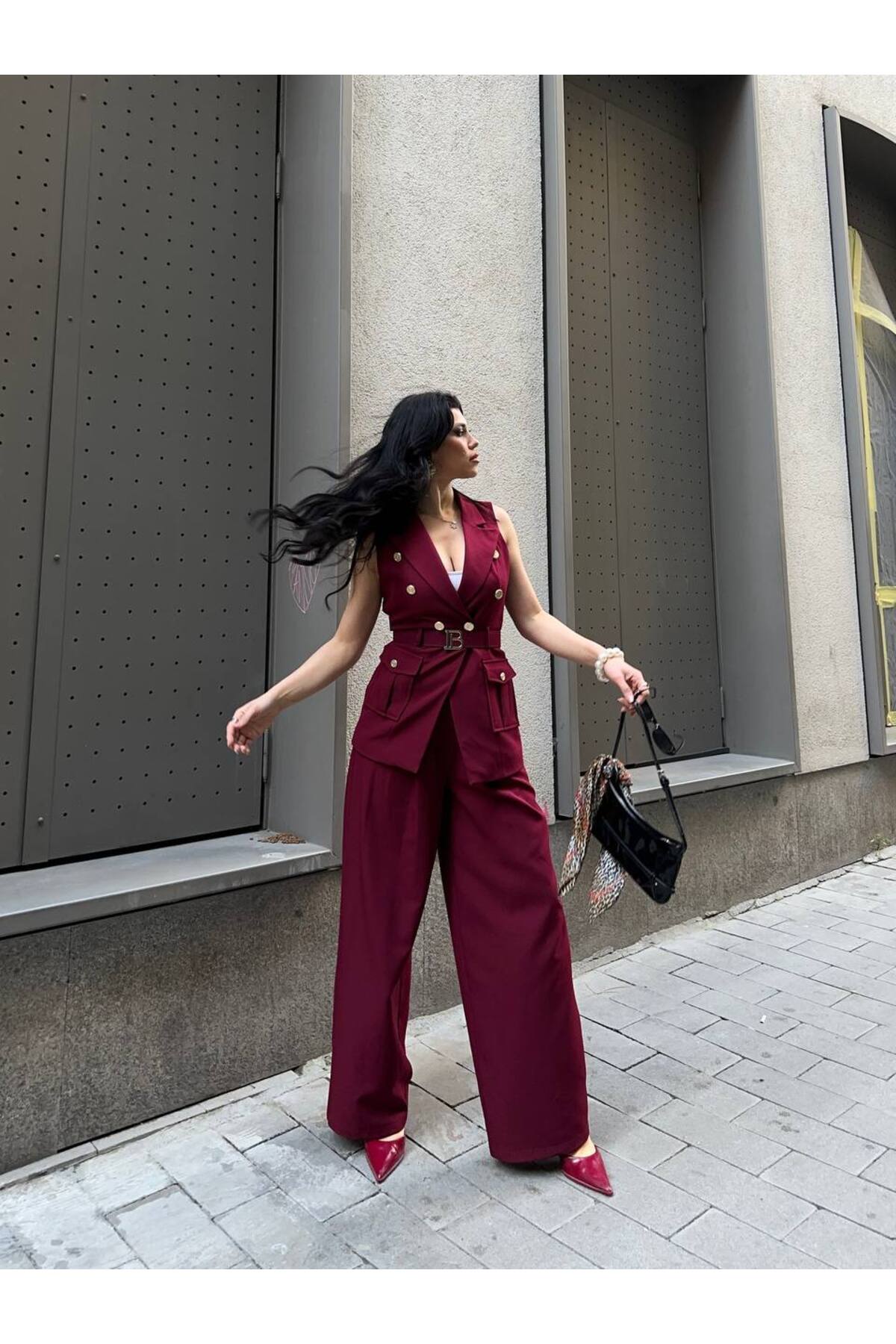 Costume tailleur veste avec ceinture B pour femme - Görsel 4