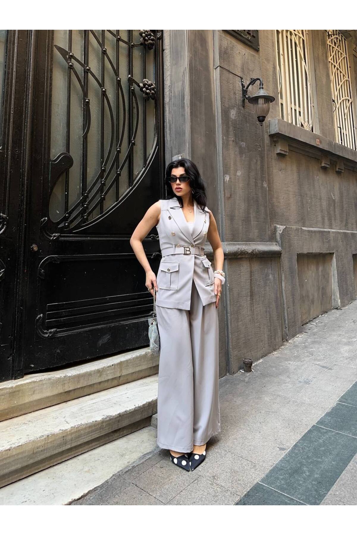 Women's B Belted Vest Suit Set - Görsel 5