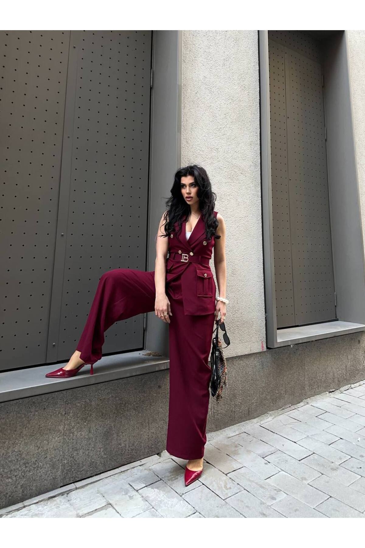 Costume tailleur veste avec ceinture B pour femme - Görsel 5