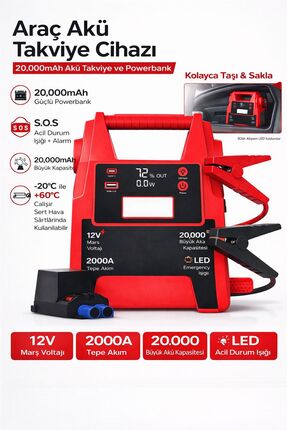 MO DOU 12V Araç Akü Takviye Cihazı 2000A 20000mAh Jump Starter Powerbank LED ...