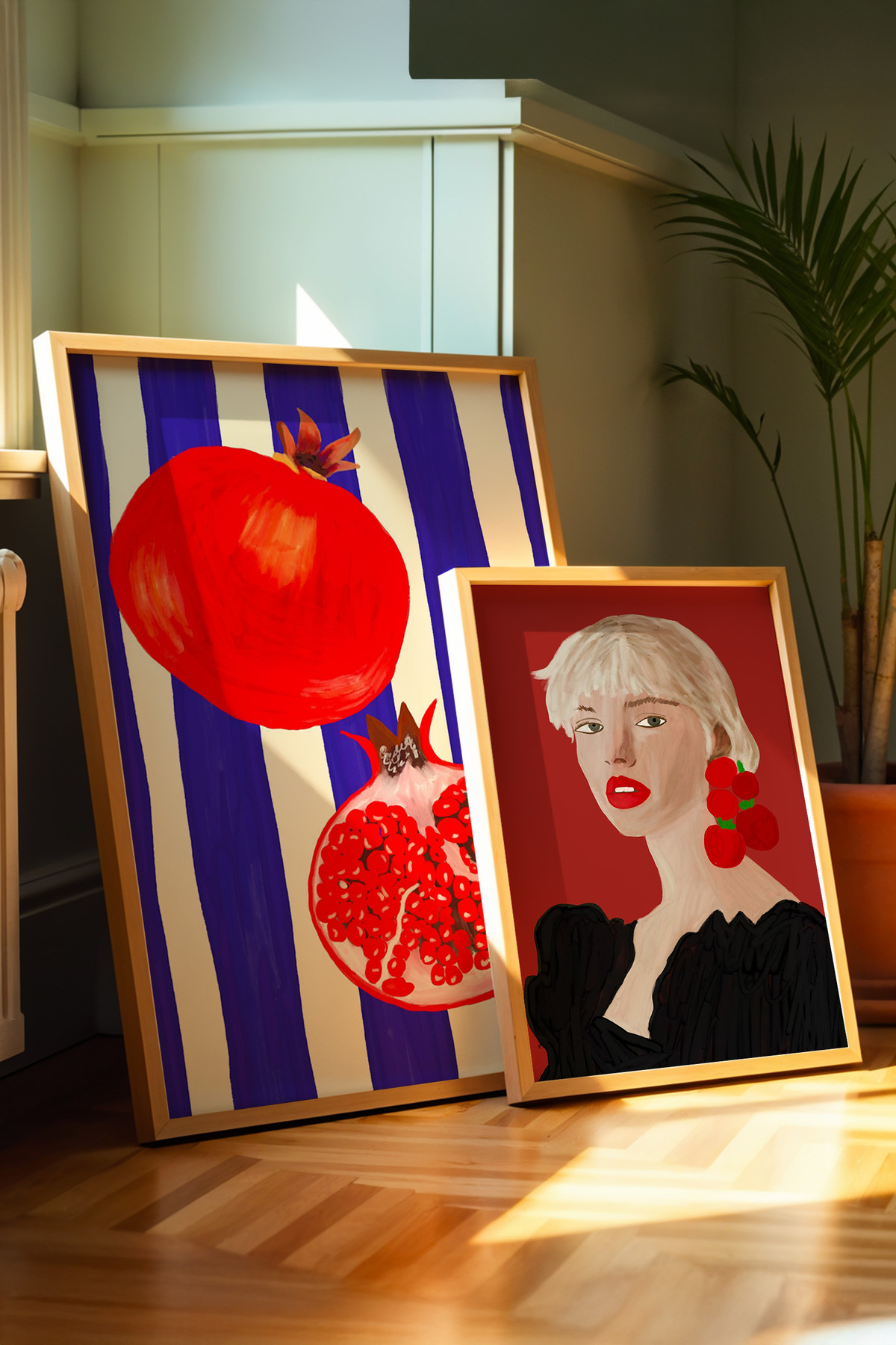 2’li Tablo Seti Nar ve Kadın Portre Modern Poster Duvar Dekoru Çerçevesiz
