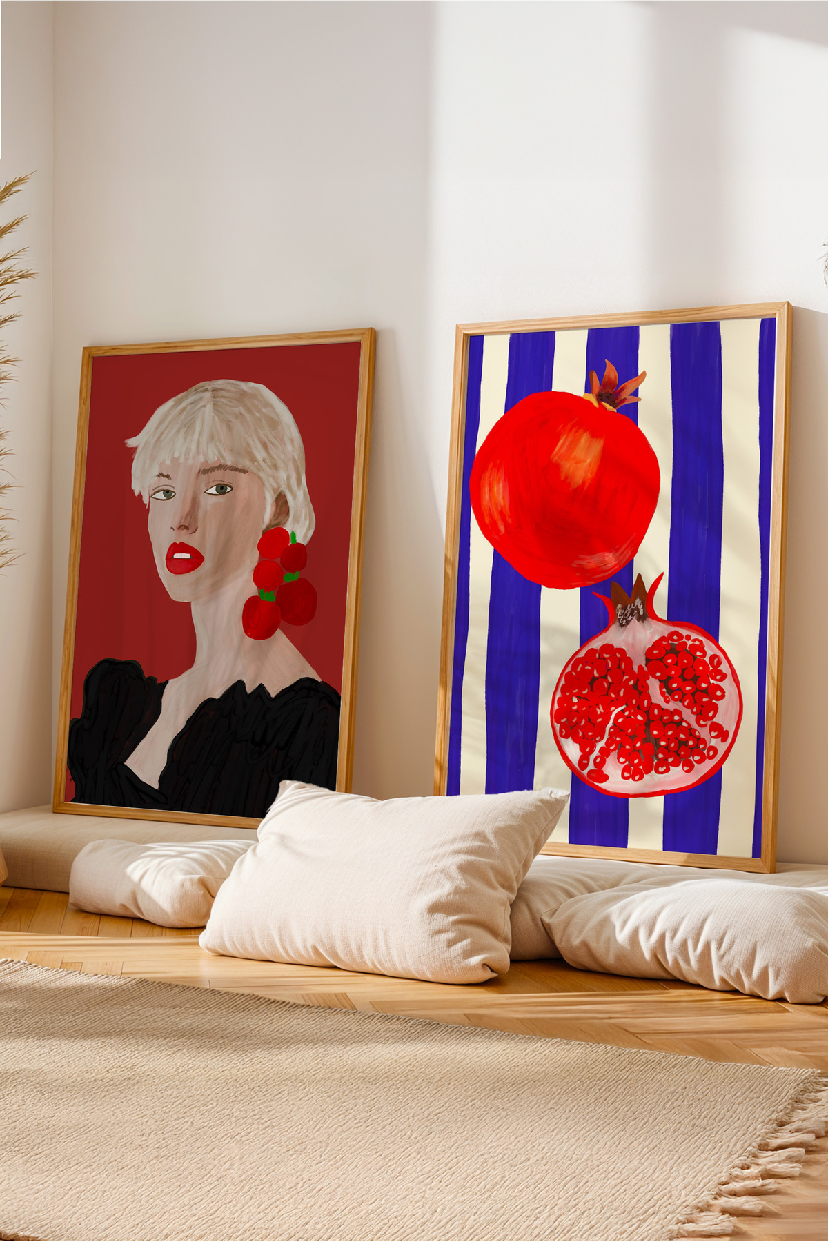 2’li Tablo Seti Nar ve Kadın Portre Modern Poster Duvar Dekoru Çerçevesiz