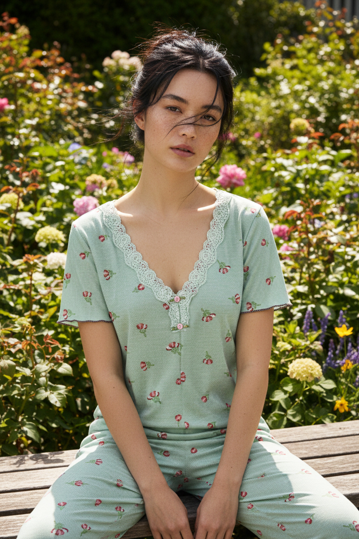 Siyah İnci Green Tulip Patterned Lace Ruffled Short Sleeve Pajama Set 26120727