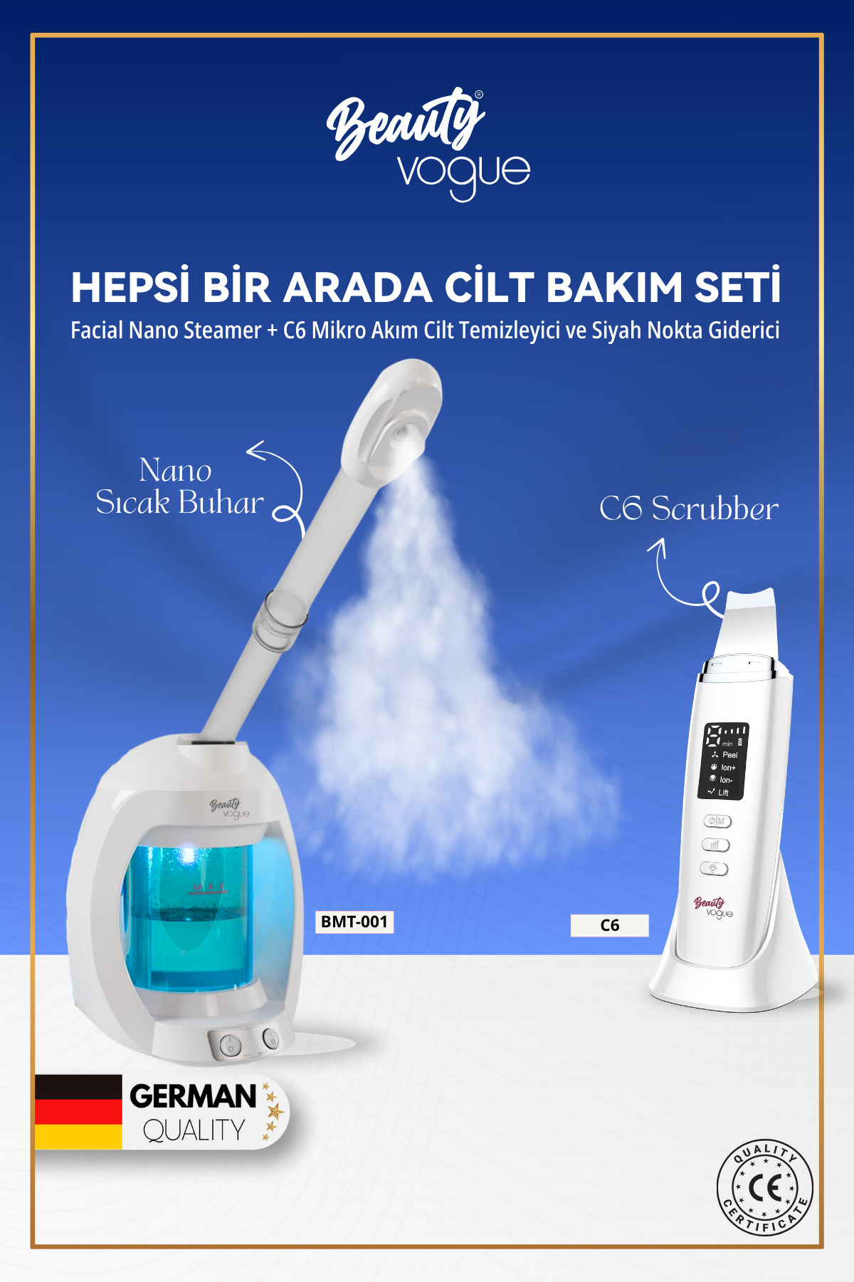 Profesyonel Cilt Bakım Seti: Masaüstü Nano Sıcak Buhar Makinesi BMT001 + C6 Mikro Akım Skin Scrubber — سفید C6+BMT001