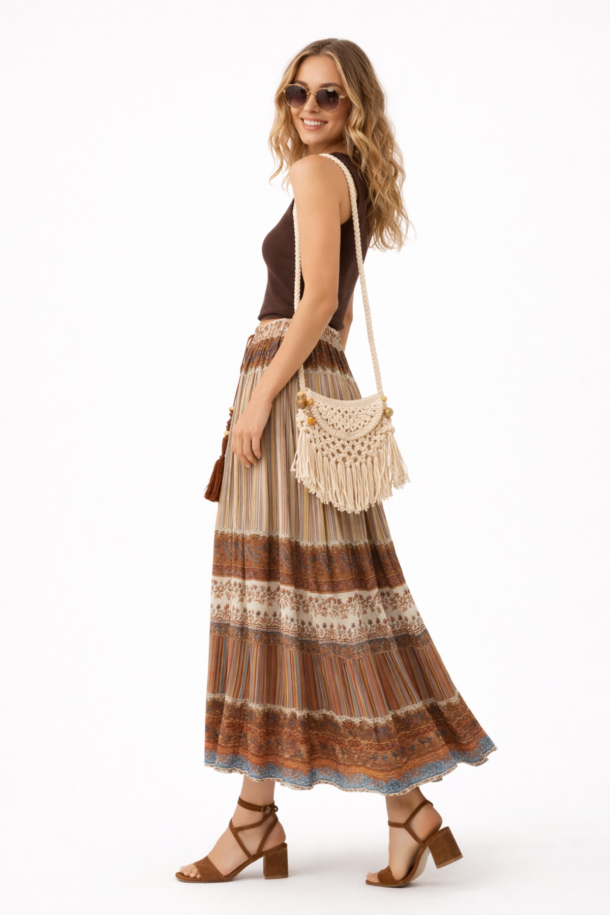 kikiriktekstil  10887 Kadın İç Astarlı Bel Lastik Maxi Boy Desenli Şifon Etek - Görsel 3