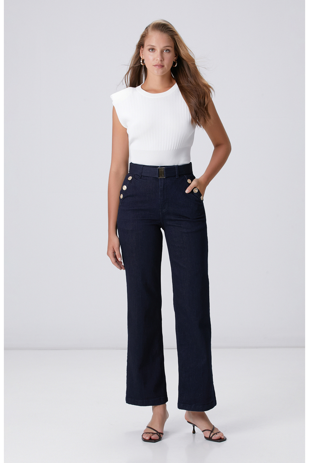 Navy Blue Wide Straight Tencel Denim Pants