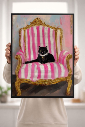 HandMadeBuy Lüks Kedi Tablosu Pembe Koltuk Dekoratif Poster Şık Duvar Tablosu...