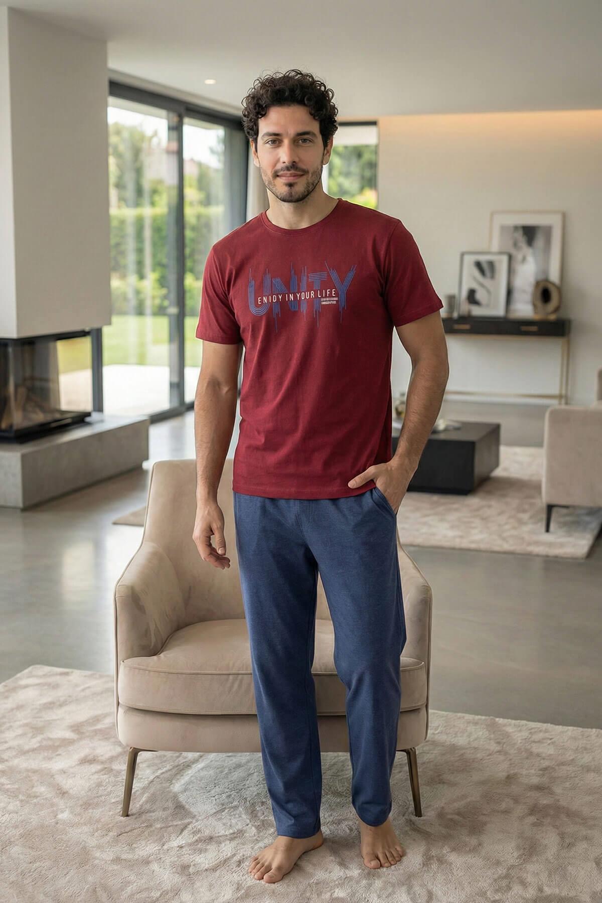 Pijamaevi Dusty Navy Unity Baskılı Kısa Kollu Cotton Erkek Pijama Takımı görsel 7