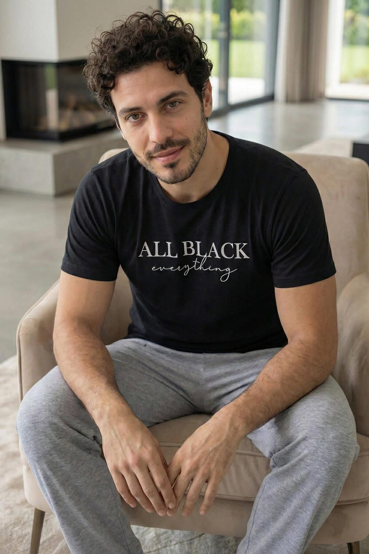 Pijamaevi Midnight All Black Printed Short Sleeve Cotton Men's Pajamas Set