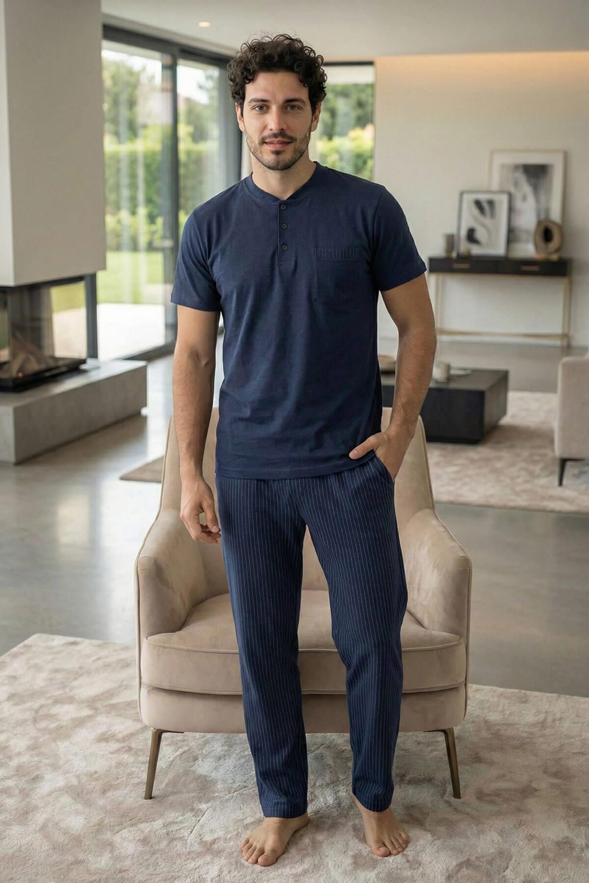 Pijamaevi  Deep Navy Kısa Kollu Cep Detaylı Elegant Erkek Pijama Takımı - Görsel 7