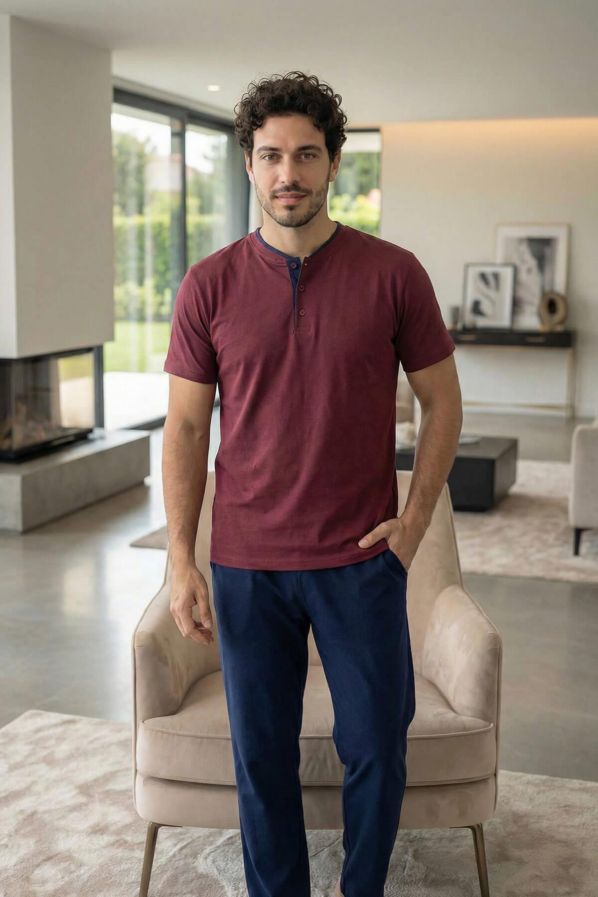 Pijamaevi Burgundy Wine Kısa Kollu Pat Detaylı Elegant Erkek Pijama Takımı görsel 7
