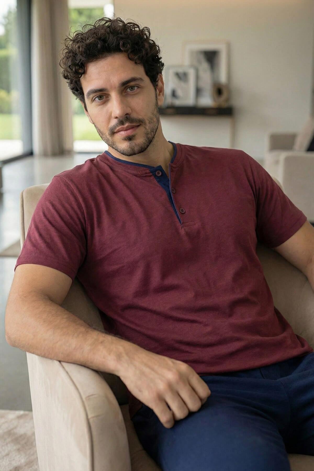 Pijamaevi Burgundy Wine Kısa Kollu Pat Detaylı Elegant Erkek Pijama Takımı görsel 4