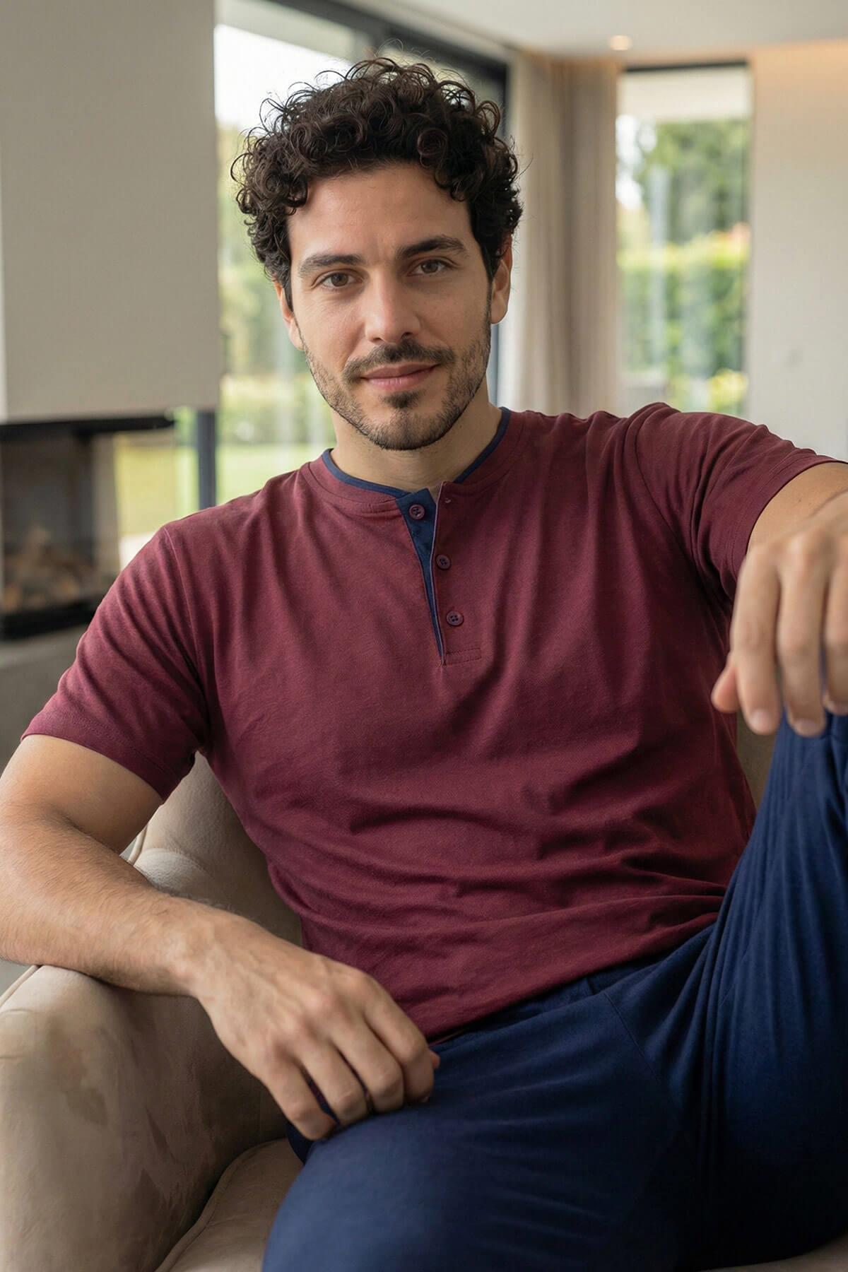 Pijamaevi Burgundy Wine Kısa Kollu Pat Detaylı Elegant Erkek Pijama Takımı görsel 3