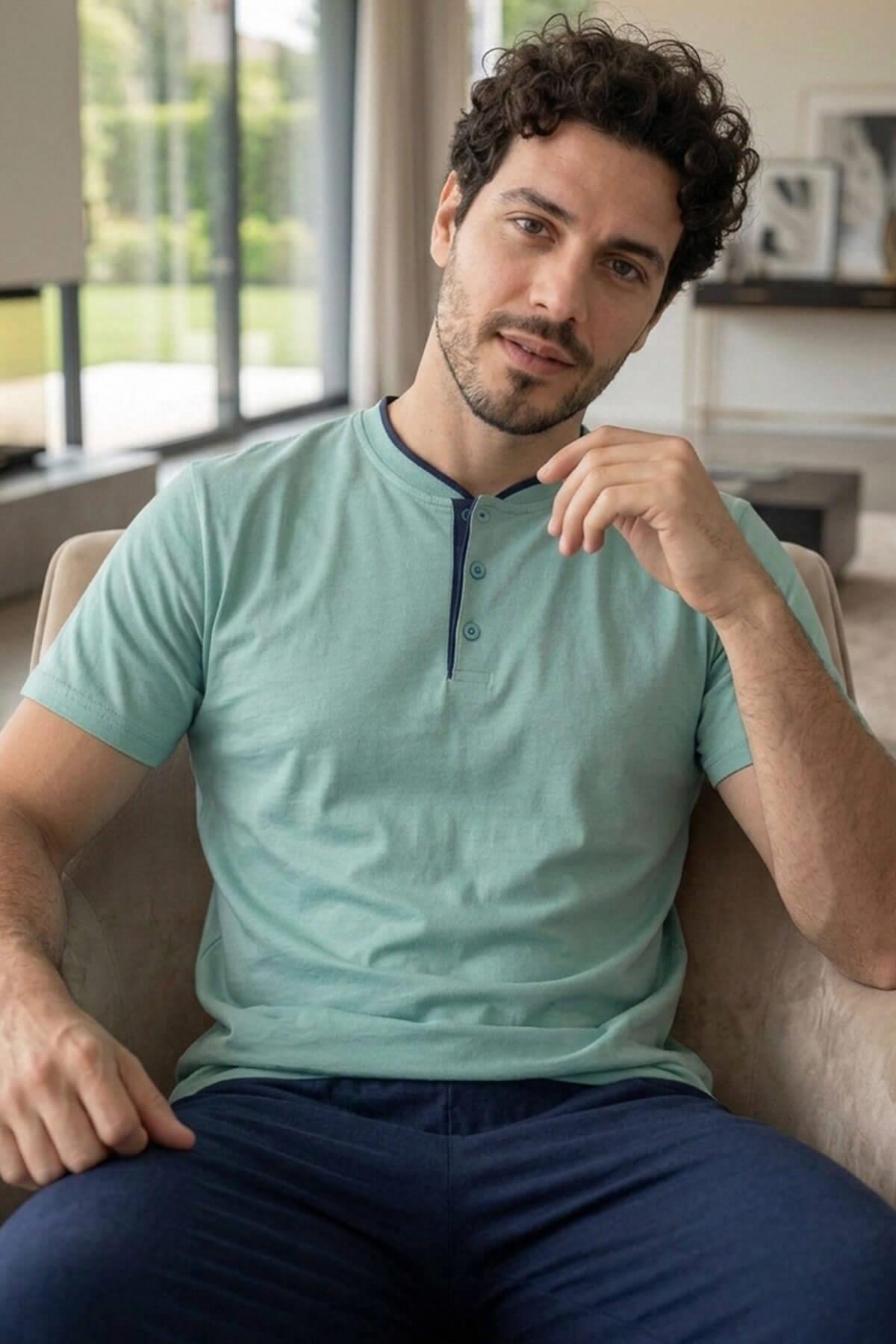 Pijamaevi Muted Aqua Short Sleeve Elegant Men's Pajama Set with Patch Detail