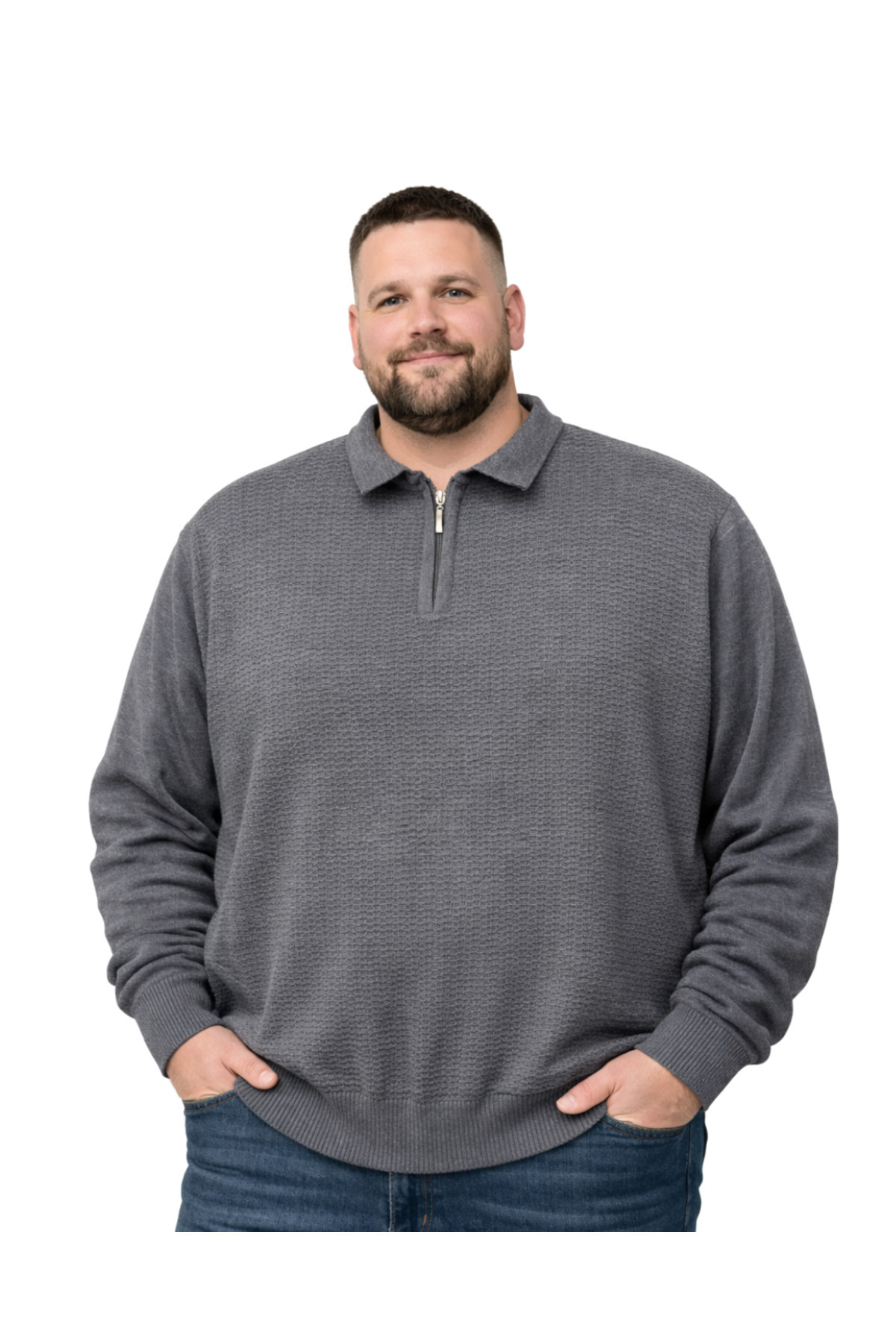 BattalModa Erkek Büyük Beden Füme Polo Yaka Fermuarlı Dokulu Triko Kazak 3XL-4XL-5XL-6XL