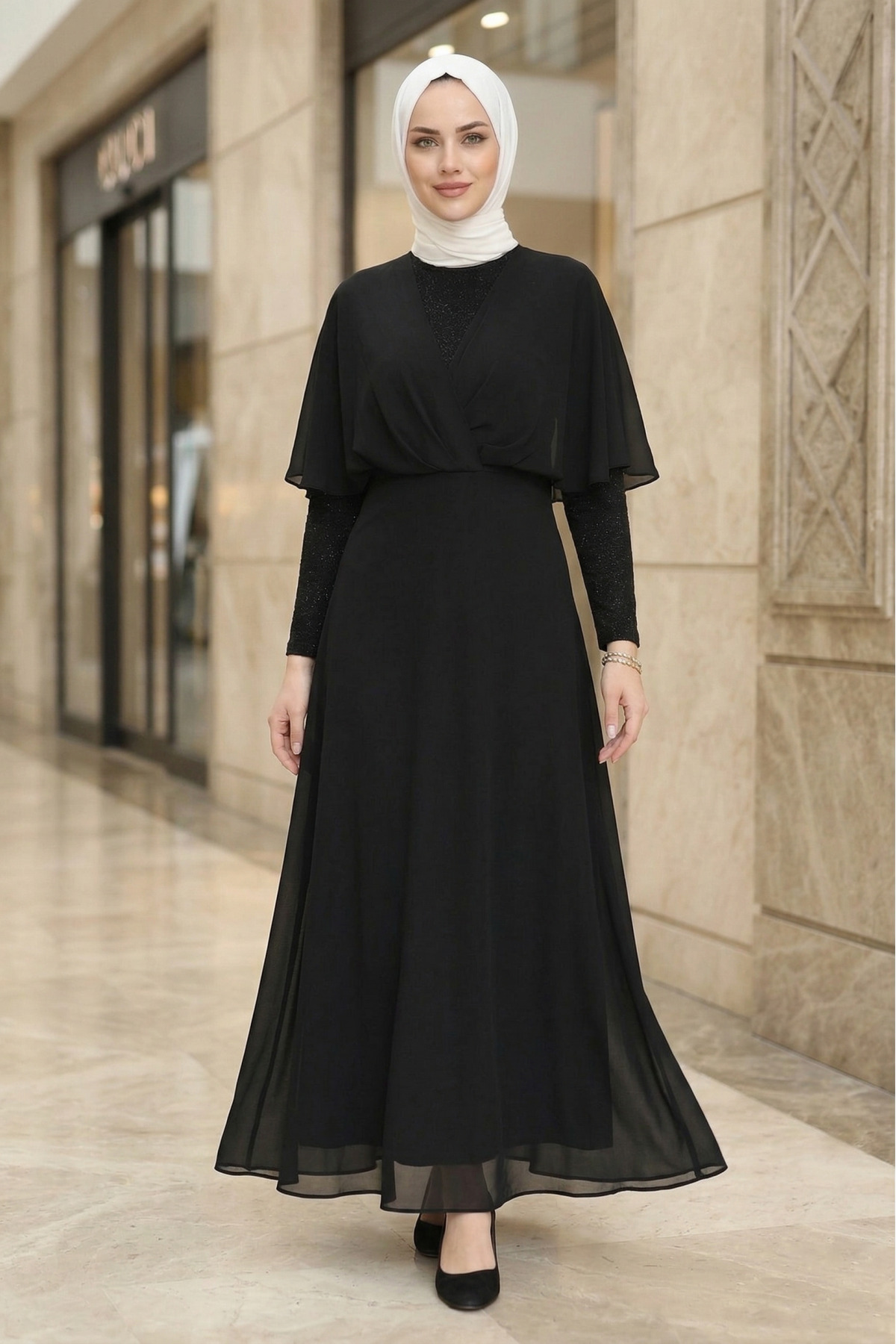 Glitter and Tulle Detailed Lined Chiffon Evening Dress Special Day Dress - Black