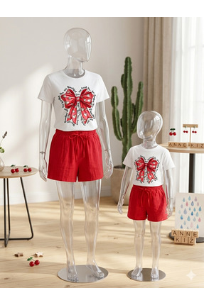 STuran design Beyaz Oversize Kadın T-Shirt RED BOW Baskılı Yuvarlak Yaka