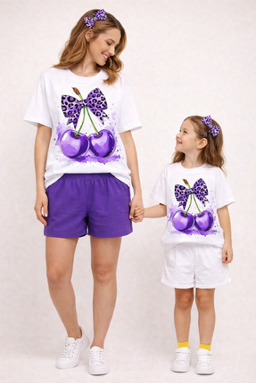 STuran design Beyaz Oversize Kız Çocuk T-Shirt MOR KİRAZ Baskılı yuvarlak yaka