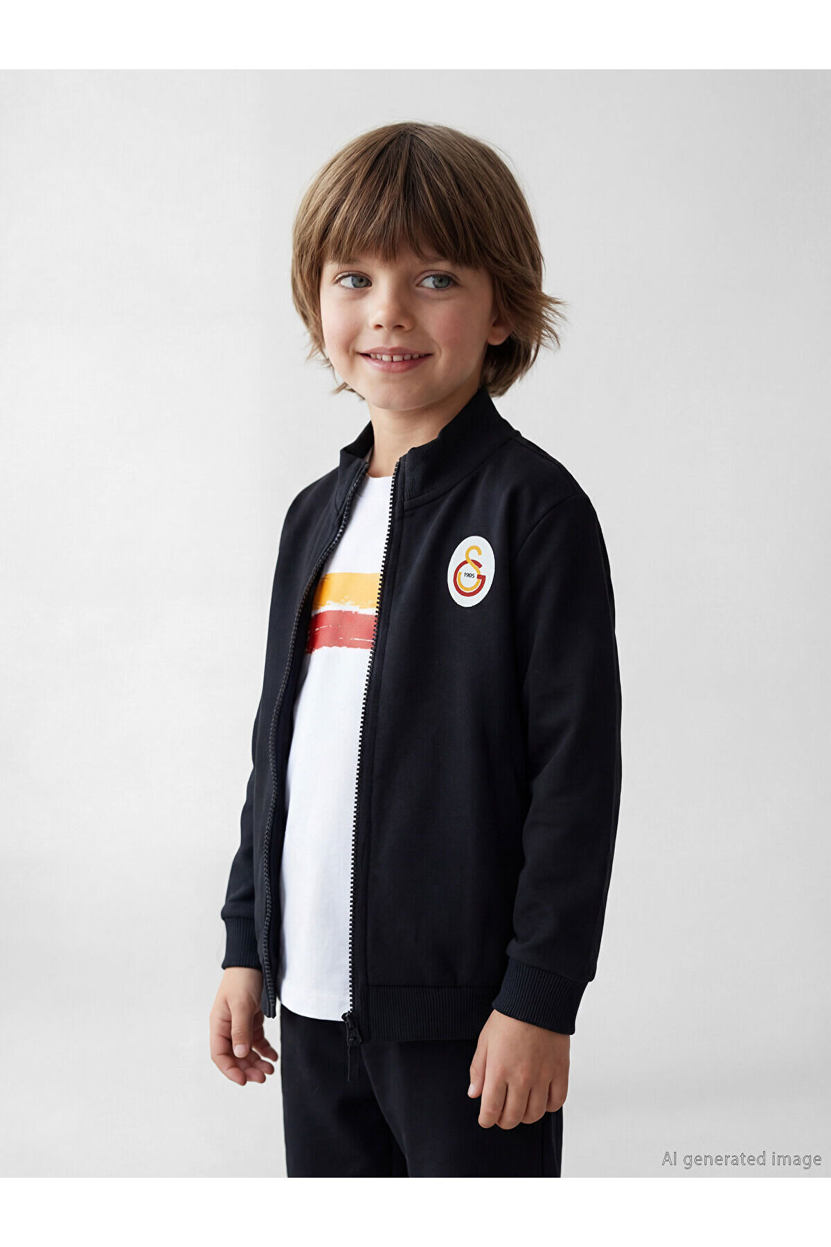 Black Galatasaray Printed Boys T-Shirt and Zippered Sweatshirt