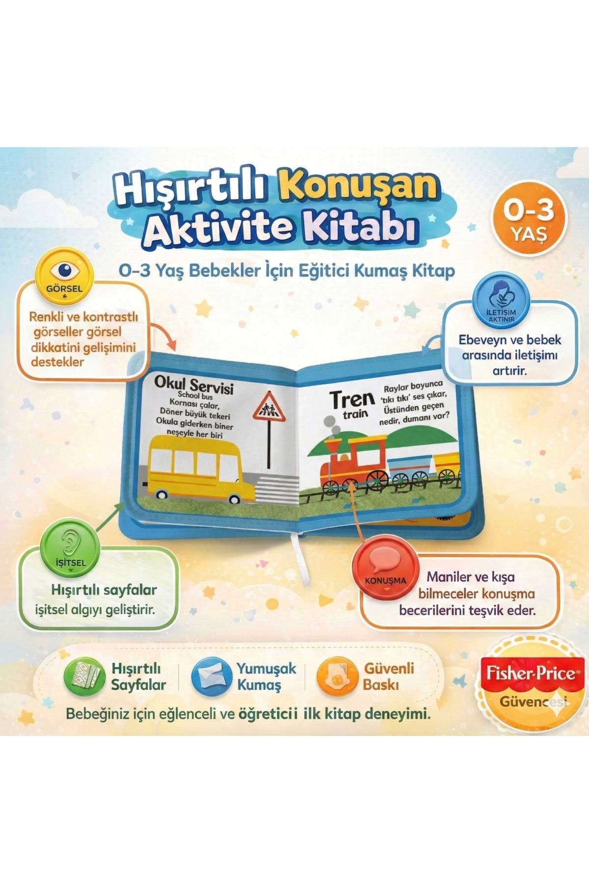 Fisher Price Konuşturan Bebek Kitabı Hışırtılı Sesli, Duyusal, Zeka Gelişim 0-3 Yaş Kitap Eğitim Seti (Taşıtlar) fotoğrafı 2 (önizleme)