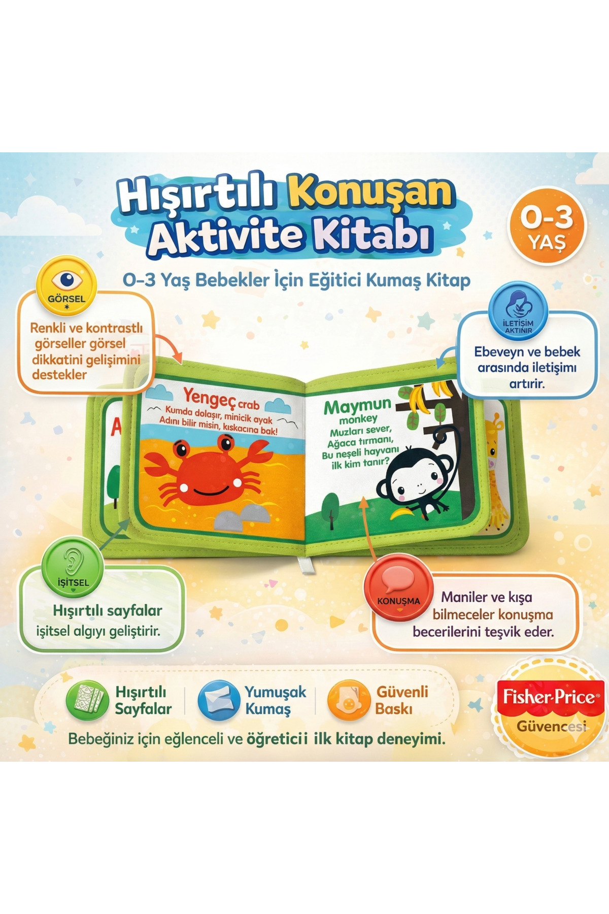 Fisher Price Konuşturan Bebek Kitabı Hışırtılı Sesli, Duyusal, Zeka Gelişim 0-3 Yaş Kitap Eğitim Seti (Hayvanlar) fotoğrafı 2 (önizleme)