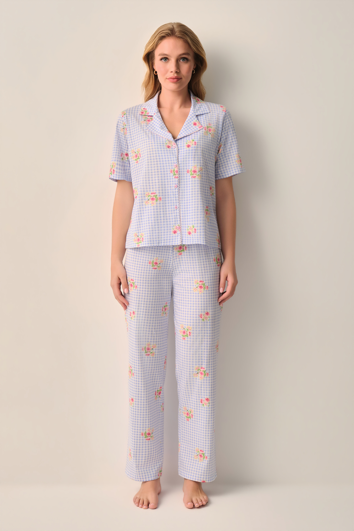 Suwen Plaid Shirt Collar Pajama Set