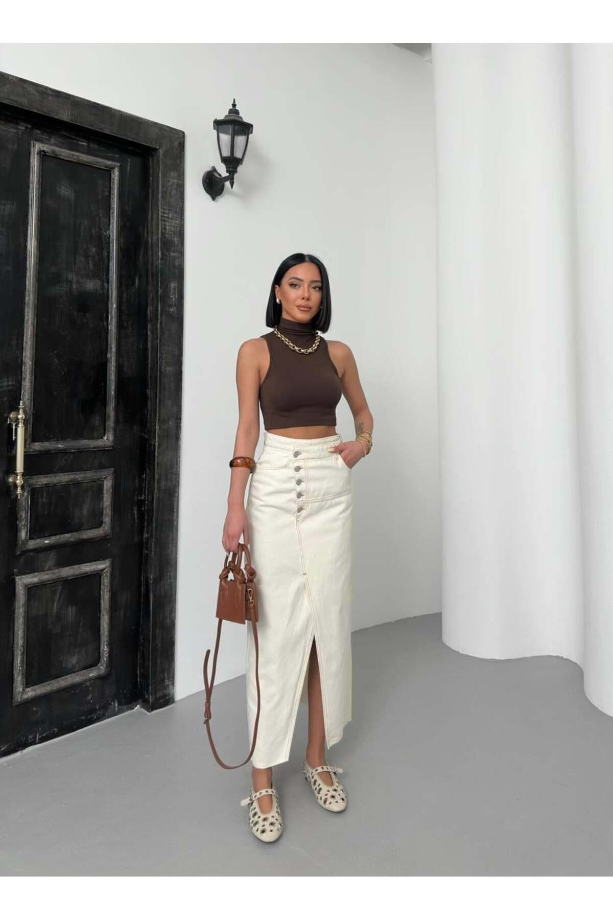 1434 Polo State  Kadın Ekru Yüksek Bel Önü Düğmeli Yırtmaçlı Jean Etek - Görsel 2